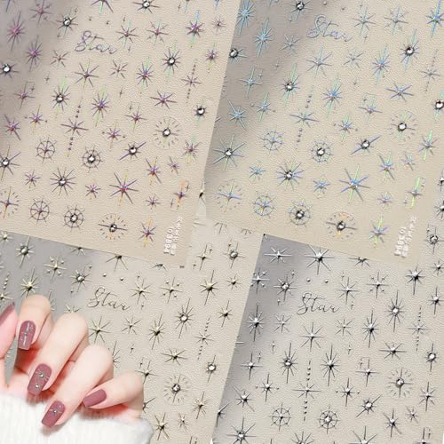 4 Blätter Stern Nagelsticker, Gold Silber Strasssteine Nail Sticker, Selbstklebend Glitzer Steine Nageldesign Stern Nagelkunst Designaufkleber Dekoration