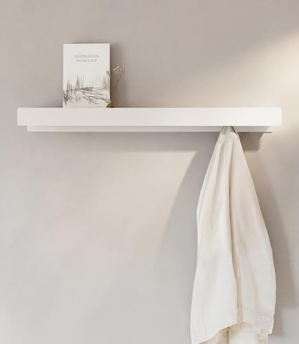 Kazai. Garderobenhaken 'Kian' | Moderne Garderobe mit versteckten Kleiderhaken und Ablage | Design Garderobenleiste aus Metall | Kleiderstange Wandmontage | Weiß