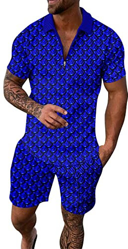 Set mit Shorts für Herren, Business-Anzug, lässig, 2 Stück, Strandstil, Hawaiianischer Stil, Herren, Trainingsanzug 2025, mit Reißverschluss, bequem, Sommeranzug, blau, 4X-Large