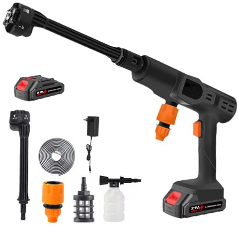 Limpiador de alta presión portátil con batería, limpiador de alta presión inalámbrico, pistola de lavado eléctrica 21 V, manguera de 5 m, lanza 6 en 1, pulverizador de alta presión para coche y jardín