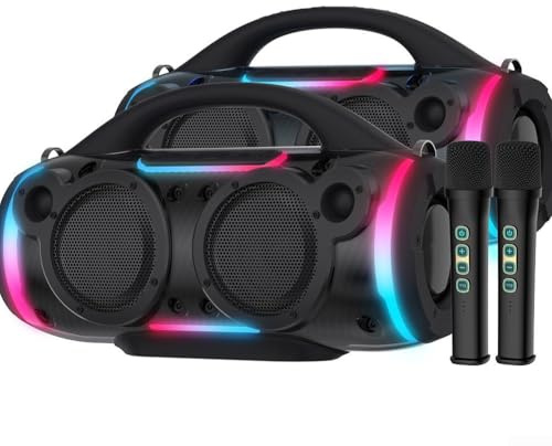 Sistema karaoke ideale per riunioni di famiglia, con doppio microfono wireless e display a LED (nero)