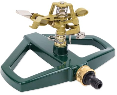 WPPQWP Aspersor de césped grandes superficies con base de metal, aspersor de impulsos para máxima superficie de riego 490 m², rotación automática de 360°, aspersor circular para césped y jardín