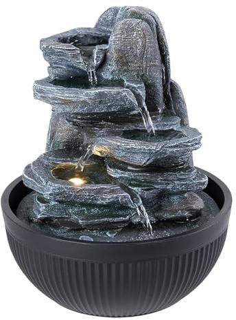 BTGGG Indoor Water Fountain with Lifelike Cascading Mountains, Indoor Water Feature Table Top Waterfall with LED Light, Illuminated Desktop Fountains for Decoration Relaxation, 3 Pin UK Plug Included