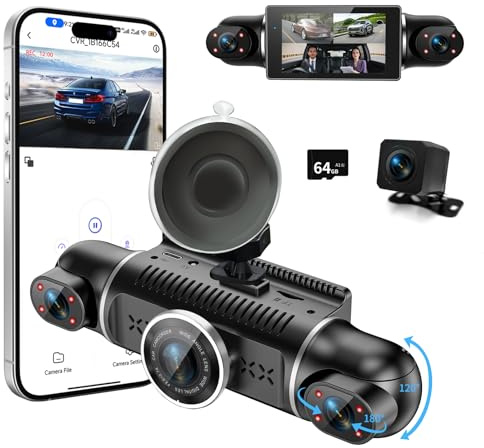 360° Dashcam Auto Vorne Hinten 2K+1080P -4 Kanal Dash Cam Auto Kamera mit 64GB-Karte,3 IPS Display, 4×140° Weitwinkel, WDR-Nachtsicht (8 IR-LEDs), G-Sensor, Loop-Aufnahme, App, 24/7 Parkmodus