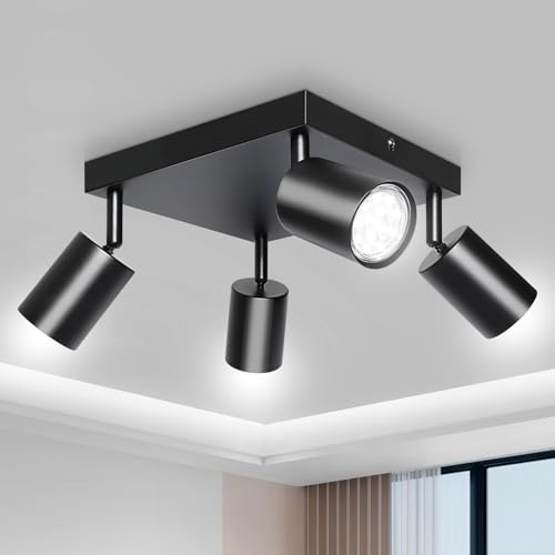 Smanu 4 Way Ceiling Spotlight Square, GU10 Kitchen Ceiling Light Fittings, Modern Rotatable Spotlights Black, Industrial Ceiling Spots Adjustable for Bedroom Living Room Hallway, Bulbs Not Included