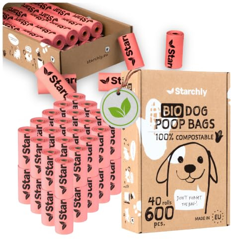 Starchly 600 Stück Hundekotbeutel biologisch abbaubar - 40 Rollen Kotbeutel für Hunde - Bio, Kompostierbare Beutel aus Maisstärke - 15 pro Rolle - Reißfest, Auslaufsicher, rosa - MADE IN EU
