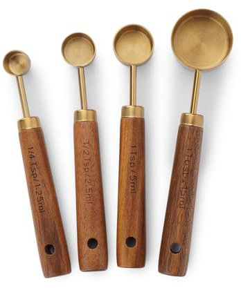 Measuring Cups and Spoons Set with Wood Handles, Premium Stainless Steel Measuring Spoons and Measuring Cups Set (Gold-Spoons)