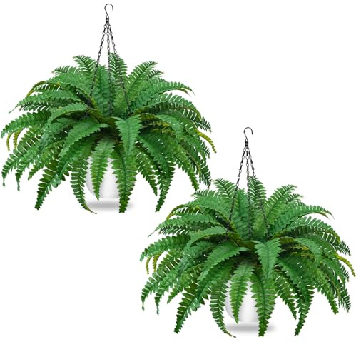 COEWUR 2Pack Artificial Boston Ferns Hanging Plants 23.6'' Fake Silk Fern 50 Leaves That Look Real in Pots for Outdoors & Indoor Faux Potted Plant for Home Porch Patio Garden Decor
