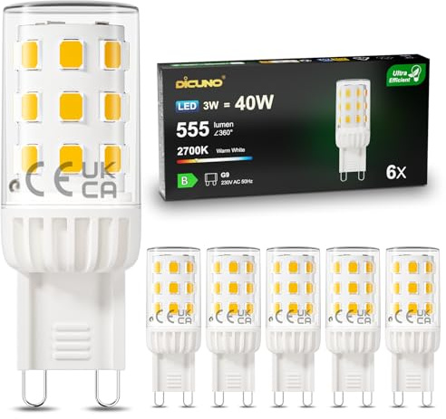 DiCUNO Ampoule LED G9 3W Classe B, Équivalent 40W Halogène, Blanc chaud 2700K, 555lm, G9 Led Efficacité Energétique et Durable pour Chambre, Salon et Cuisine, Non-dimmable, Lot de 6