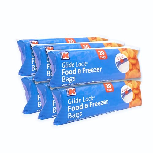 Kordis 120 Glide Lock Zip Lock Freezer Bags, Large Food Storage Bags | Slide Zip Seal, Transparent, Write-On Label Area, Food and Freezer Safe, Leak Resistant, 6 Packs of 20 - 29.5 x 40cm