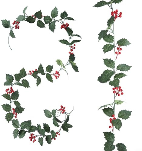 Set di ghirlande in plastica con bacche di agrifoglio, 240 cm, 2 pezzi, decorazione realistica per le vacanze con foglie verdi e bacche, per albero di Natale, ghirlande e decorazioni per la casa