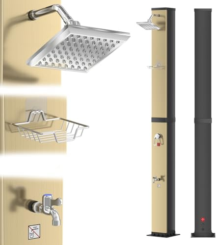 LZQ Solcellsdusch 40 l trädgårdsdusch sol med integrerad termometer och fotdusch, pooldusch 60 °C varmt vatten utan el, utomhusdusch med svängbart regnduschhuvud och trädgårdsslanganslutning, guld