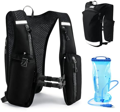 Laufweste für Damen und Herren, Trinkweste Laufen mit Trinkblase 2 L & Handytasche, Verstellbarer Brustgurt, mit reflektierenden Streifen für Trailrunning wandern Marathon Laufen joggen, Schwarz | Handytasche, Verstellbarer Brustgurt, mit reflektierenden Streifen für Trailrunning wandern Marathon Laufen joggen, Schwarz