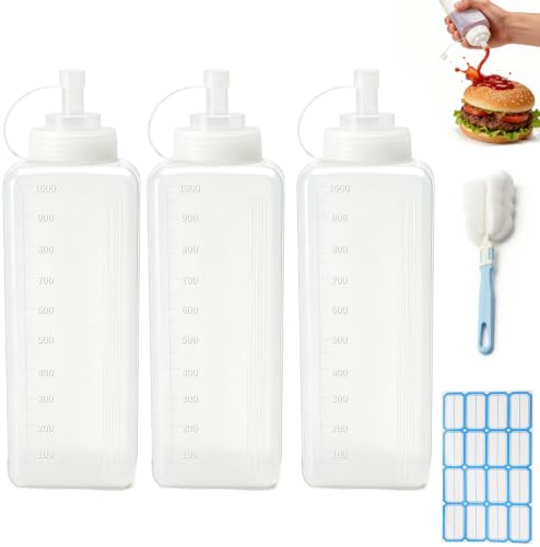 ChengJunXin 3 Stk 1000ml Quetschflasche,Auslaufsicher,Lebensmittelecht,PP | 3er Set mit Etikett & Bürste.auslaufsicher & frischhaltend.BPA-frei.Perfekt für Ketchup,Saucen,Öle & Malwasser.