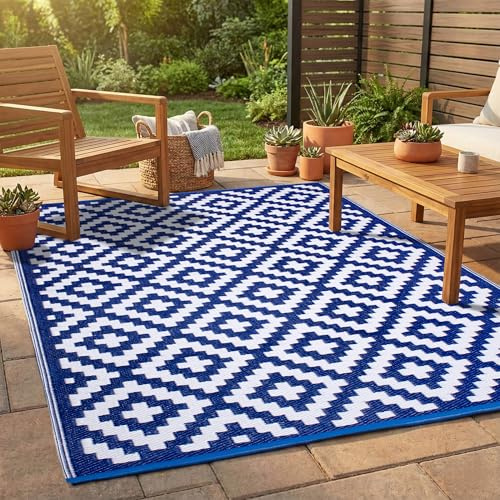 FH Home Outdoor-Teppich - wasserfest, farbecht, wendbar - recycelter Premium-Kunststoff - Geometrisch- Terrasse, Veranda, Wintergarten, Camping, Wohnmobil - Aztec - Blau & Weiß knitterfrei 180 x 270
