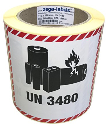 Gefahrgutetiketten auf Rolle - UN 3480 - Lithium-Ionen-Batterien - ohne Telefonnummer/zum selbstbedrucken - 250 Stück je Rolle - 120 x 110 mm - Haftpapier - Kern 76 mm für Industriedrucker
