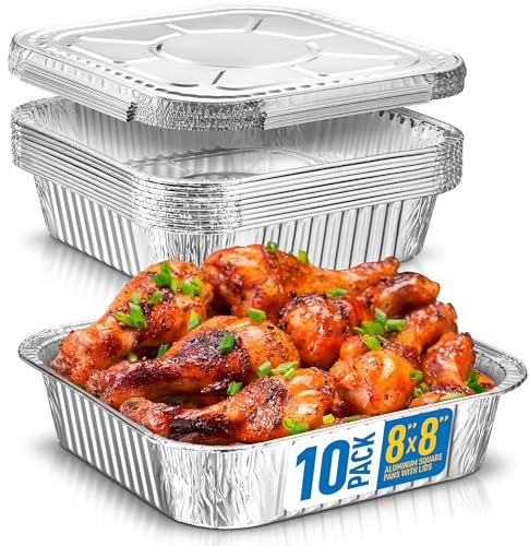 Plastible 8x8 Disposable Aluminum Pans With Lids - 10 Pack Foil Pans For Cooking, Baking Cakes, Roasting & Homemade Breads - Disposable Food Containers With Foil Lids