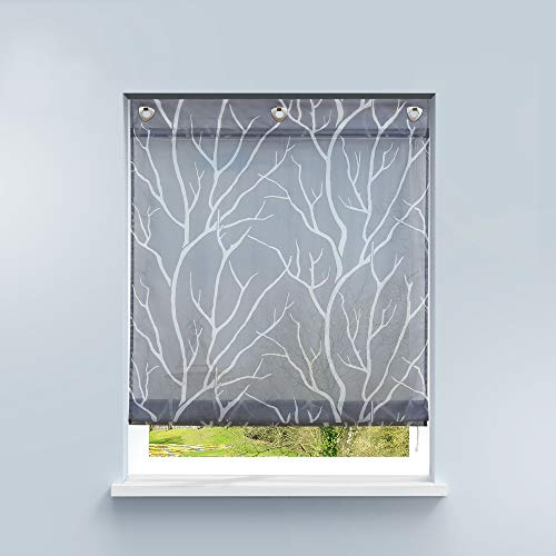 HongYa Raffrollo ohne Bohren Transparente Raffgardine Voile Ösenrollo Küche Kleinfenster Gardine mit Hakenösen Äste Muster H/B 140/120 cm Grau