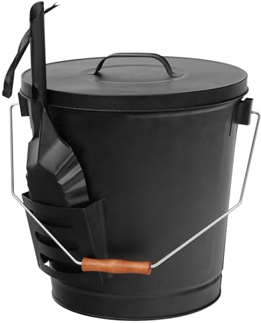 JupiterForce Ash Bucket with Lid and Shovel, 5.15 Gallon Large Galvanized Metal Hot Coal Wood Ash Carrier Pail for Fireplace, Fire Pits, Wood Burning Stoves, Grill, Outdoor Camping, Black