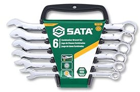 SATA ST09018SJ Ringmaulschlüssel, Gabelringschlüssel, Gabelschlüssel, Schraubenschlüssel Set metrisch 10-15 mm poliert aus CR-V-Stahl mit Träger zur Aufbewahrung 6 Tlg.