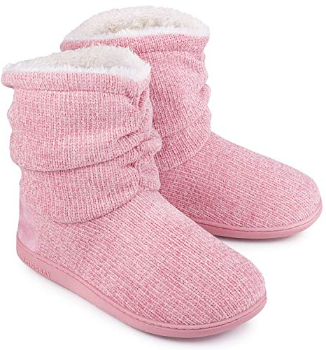 Ladies Bootie Slippers Memory Foam Fur Collar Bootee Plush Lined Women Boots with Non Skid Indoor Outdoor Sole, 9/10 UK, New Pink