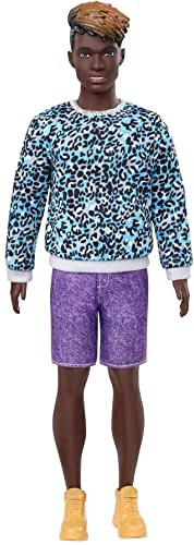 Barbie GHW69 Ken Fashionistas Puppe 153 (Dreadlocks) mit türkisem Pullover im Leopardenmuster