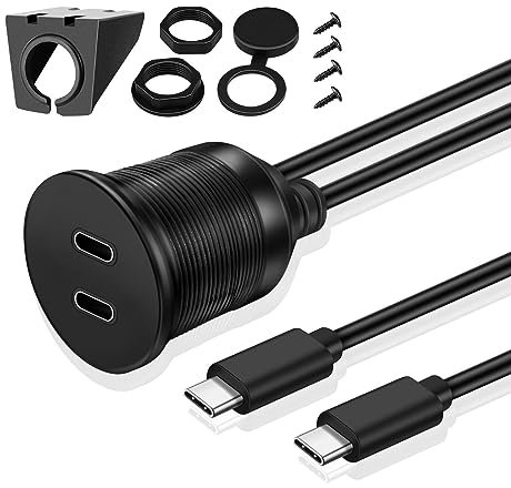 TNP USB C 3.0 Flush Mount Cable, Dual USB Extension Cable 6ft 2M for Car Dashboard with Dash Panel Mount, 2 Port Type C Male to Female Socket Connector Adapter Cord for Boat Marine Motorcycle Vehicle