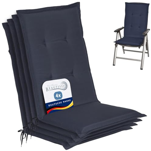Beautissu 4er Set Gartenstuhlauflage für Hochlehner Gartenmöbel Sitzkissen | 120x50x6cm Dunkelblau weiche Polster Auflage Sitzpolster Stuhlauflage Füllung Schaumkern Gartenpolster Loft HL