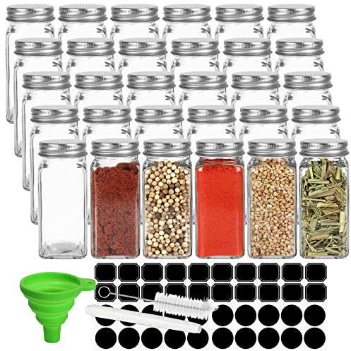Keketin 30 Pack Glass Spice Jars 4 oz with Labels, Empty Square Spice bottles Seasoning Containers with Silver Caps and Shaker Lids(80 Black Labels,1 Funnel,1 Pen and 1 Brush Included)