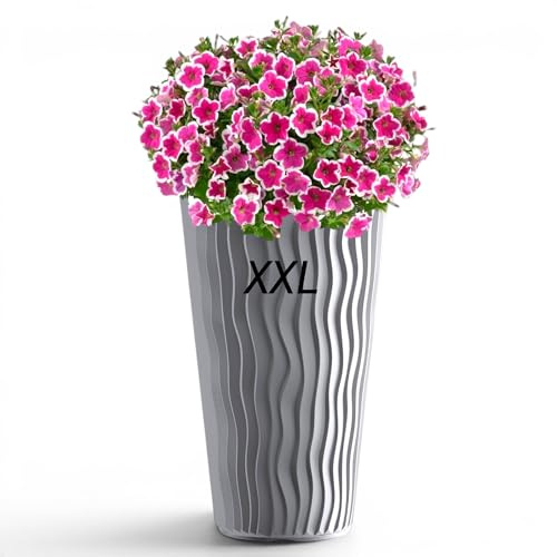 MELTOM Pflanzkübel XXL hoch mit Einsatz, Blumentopf 3D 33,5 x 61 cm Grau | Pflanzkübel XXL: Gefäß 37 L, Einsatz 11 L mit Griffen – 3D-Wellenoptik für Wohnzimmer, Büro, Balkon, Terrasse und Garten