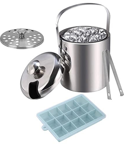 Lamker Eiskübel mit Deckel Zange Eiszange und Silikon Eiswürfelform 1.3L Klein Eiseimer Edelstahl Metall Eisbehälter Eiswürfelbehälter Eiskühler Ice Bucket für Hausbar zum Kühlen Bier Champagner Wein