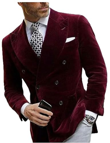 Mi Bo Tong Mens Double Breasted Velvet Blazer Peak Lapel Dinner Jacket for Men Prom Party Coat Burgundy 40 Chest / 34 Waist