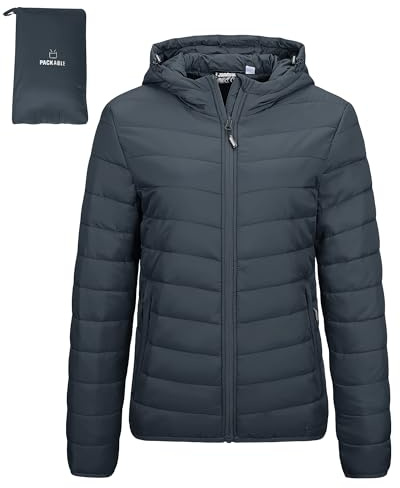 Outdoor Ventures Women's Winter Lightweight Puffer Jacket with Hood, Warm, Short, Packable, Quilted, Transitional, Padded Jacket for Ladies, Lined for Hiking, Travel Dark Grey 2XL
