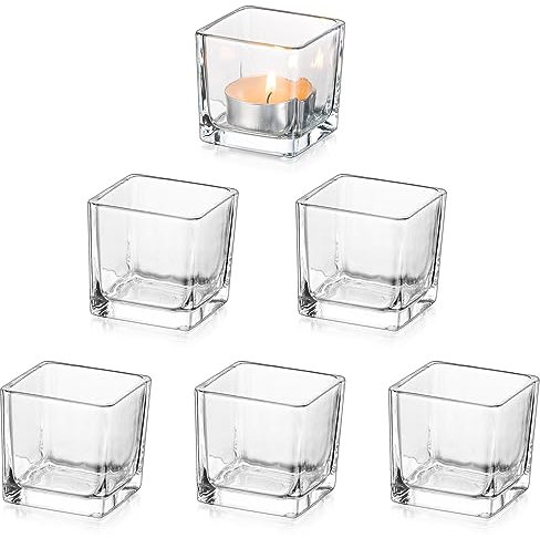 Glasseam Glass Votive Candle Holders: Set of 6 Clear Square Tealight Holder Small Tea Light Holders for Table Centerpiece Wedding Decor