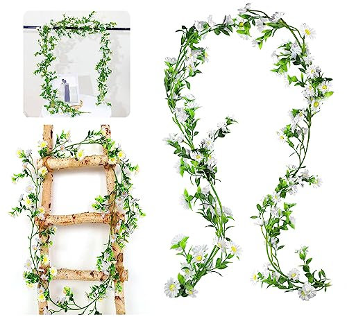 Künstliche Gänseblümchen Deko Blumengirlande Blumenrebe Weiß Gänseblümchen Blumen Girlande mit Grüne Blätter Künstliche Seidenblume Kunstblumen Hängende Reben für Hochzeit Party Wand Garten Deko