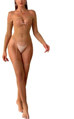 Bommi Fairy Women's Mesh Lace Bodystocking Off The Shoulder Fishnet Bodysuit Cut Out Tights Chemise Garters Lingerie (Apricot)