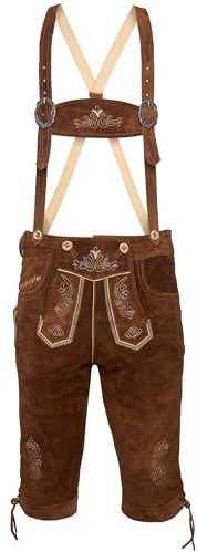 Bavarian Knee-Length Lederhosen for Men - Designed in Germany - Genuine Leather Pants with H-Style Suspenders, Color: Medium Brown, US Size: 40