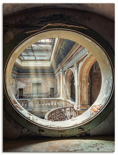 ARTLAND Wanddeko Leinwand Bilder Wandbild Architektur Ruinen Treppe Bullauge Fenster Ornamente Licht Lost Places U4YD