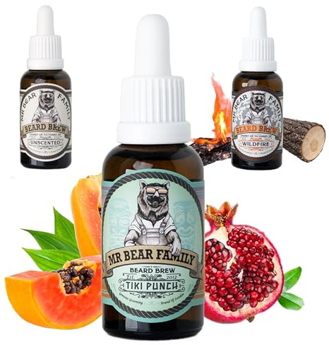 Mr Bear Family Huile Barbe Hommes - Tiki Punch - Entretient et Hydrate la Barbe - Huile Nourrissante à l’Huile de Jojoba & d’Argan - Soin Barbe Hydratant Hommes 30 ml
