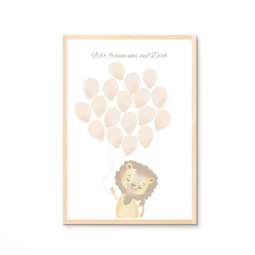 Geschenk Babyparty Junge und Mädchen, Gästebuch Poster Geburt, Baby Shower Geschenk Gäste, 18 Ballons für 18 Gäste Unterschriften, Ballon Fingerabdruck Poster, Glückwünsche Gäste, Babyparty Deko, Löwe