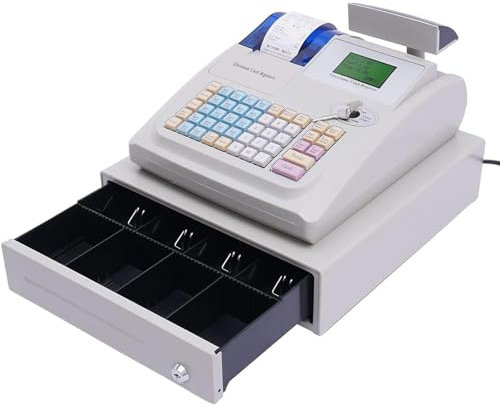 Kommerzielle Registrierkasse mit kundenseitiger digitaler LED-Anzeige, Kassenschublade und Quittungsdruck, 48 Tastaturen, elektronische Registrierkasse für kleine Unternehmen, Einzelhändler ,White