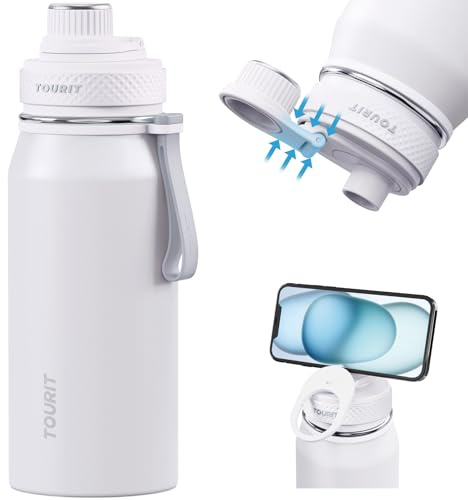 TOURIT 32oz Stainless Steel Wide Mouth Water Bottle, Double-Wall Vacuum Insulation with Spout Lid for Sports and Travel, White