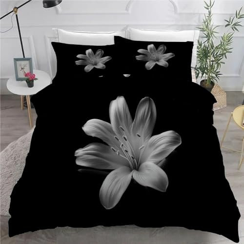 BettwäSche 220x240 Lilie Schwarz Und Weiß 3D Druck BettwäSche-Set - Bettbezug 220x240 und 2 Kissenbezug 80x80 cm aus Weiche und Angenehme Mikrofaser mit ReißVerschluss