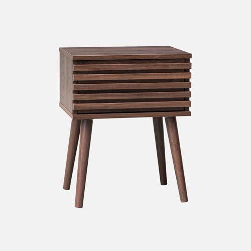 Alice's Garden sweeek - Table de Chevet Style scandinave décor Bois Couleur Noyer avec tiroir rainuré et Pieds Compas