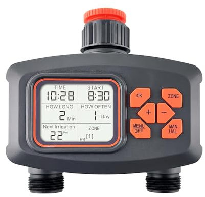 Kavolet Orologio per irrigazione tubo da giardino, timer intelligente irrigatore, 2 uscite, grande schermo LCD, timer programmabile, computer di irrigazione automatico/manuale
