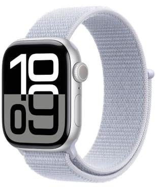 Apple Watch Series 10 (GPS 42 mm) Smartwatch mit Aluminiumgehäuse in Silber und Sport Loop in Blaue Wolke (One Size). Fitnesstracker, EKG App, Always-On Retina Display, CO₂ neutral