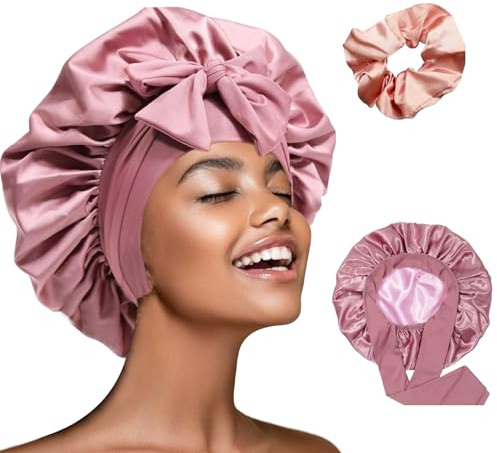 Seidenhaube zum Schlafen mit Haargummi Damen Seidenhaube Silk Bonnet Schlafhaube Seide Satin Haarhaube Bonnet Sleep Cap Schlafhaube Haarhaube (DE/NL/SE/PL, Alphanumerisch, Einheitsgröße, M, Rosa)