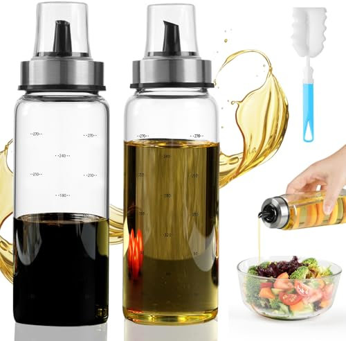 SXTIHD Botella 2 en 1 para aceite y vinagre, 300 ml, dispensador de aceite de oliva con cierre automático, incluye cepillo de limpieza