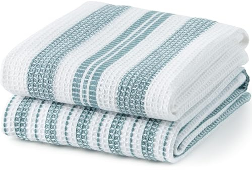 Sticky Toffee Waffle Kitchen Towels Set of 2 – 25x15 in White and Teal Blue Striped Cotton Dish Towels, Absorbent Waffle Hand and Tea Towels, Oeko-Tex Cotton
