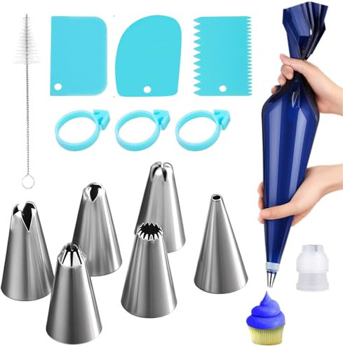 Piping Bags and Nozzles Set, 64 Pcs Cake Piping Kit with 6 pcs Stainless Steel Nozzles Set with Coupler, 50pcs 20.4Inch Piping Bags Icing Bag, Piping Bag Ties, Scraper, for Delicious Desserts